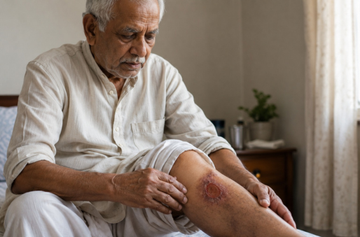 An elderly Indian man sits on a bed in a softly lit room, gently examining a wound on his lower leg. The image highlights age-related wound care in a calm home setting, emphasizing the importance of proper wound management and gentle dressing removal.