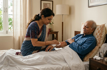 Caregiver tending to wound care for a bedridden patient during summer